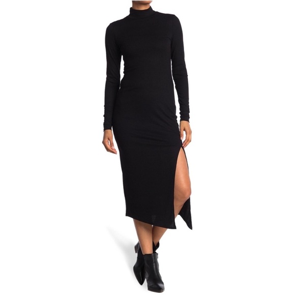 AFRM Dresses & Skirts - AFRM Joyce ribbed mockneck midi dress black long sleeve slit front bodycon small
